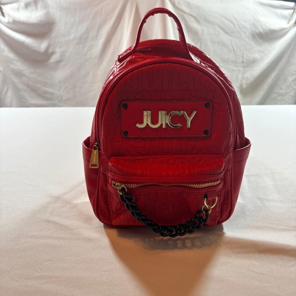 Juicy Couture Mini Backpack Womens Red Faux Leather Debossed Logo Chain Detail